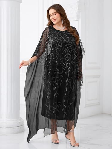 Image of Plus Size Sparkly Formal Evening Gown Sequin Cape Overlay Mother of Bride Dress Wedding Guest Cocktail Party