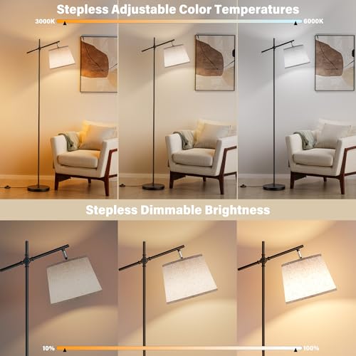 Image of SIBRILLE Floor Lamp with Linen Shade, Dimmable Tall Standing Lamp with Remote Control & 3 Color Temperatures Bulb, Modern Swing Arm Floor Lamps for Living Room Bedroom Office Corner