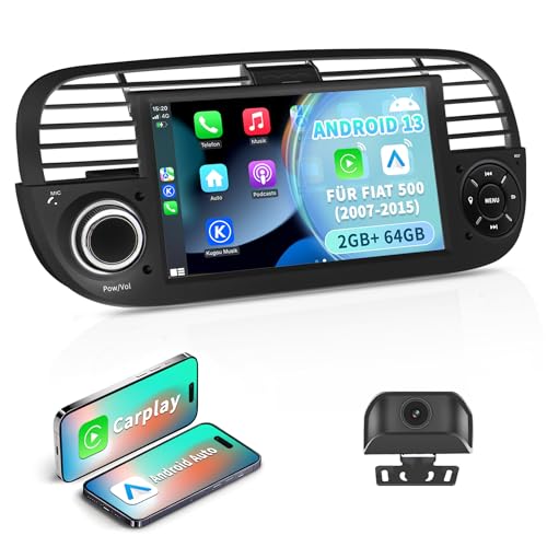 Autoradio Android 13 pour FIAT 500 (2007–2015) | Écran tactile IPS 7 pouces avec caméra de recul HD étanche | CarPlay sans fil et Android Auto | GPS 2 Go...