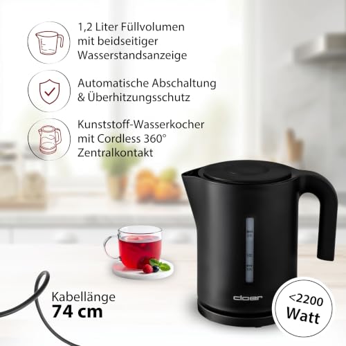 Cloer 4120 Wasserkocher 1,2 l mit herausnehmbarem Kalkfilter, beidseitige Wasserstandsanzeige, Überhitzungs- & Trockengehschutz, 360°-Basis, Kunststoffgehäuse, schwarz, 2200 Watt