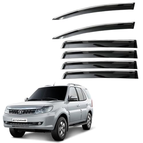 Image of CAR SAAZ Unbreakable Chrome Smoke Door Visor for Safari Storm (2012-2019) | Premium Sun Rain Wind Deflector Chrome Strip Side Door Rain Visor - Set of 4 Pcs