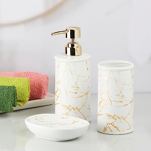 Image of SaSaSa Ceramic Bathroom Set of 3 Modern Bath Accessories Kit with Soap Dispenser, Toothbrush Holder & Dish - Stylish & Elegant Bathroom Decor, White /Gold (9729)