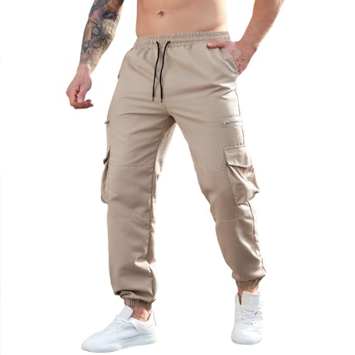 Cargo Pants Grey Men Fashion Elastic Wasit Joggers with Pockets Lightweight Fall Loose Fit Trousers Ankle Cuff Slim