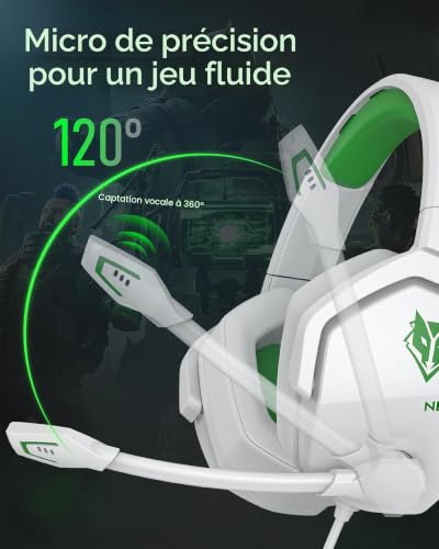 Casque Gaming NUBWO N16 Blanc et Vert avec Micro pour Console PS5 PC Xbox