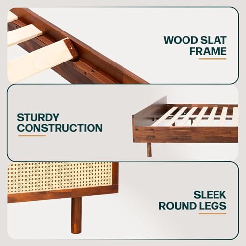 Image of Bme Nancy Signature Bed Frame, King Bed Frame and Headboard Unique Geometric, Mid Century Modern, Solid Acacia Wood, No Box Spring Needed, 12 Strong Wood Slats Support, Easy Assembly, Dark Chocolate