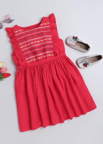 Image of Hopscotch Girl Rayon Embroider Sleeveless Summer Dress in Yellow Color