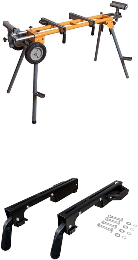 POWERTEC Folding Miter Saw Stand with Wheels, Outlets and Quick Release Brackets Bundle with Miter Saw Stand Mounting Brackets