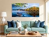 Arjun Landscape Wall Art for Living Room Lake Canvas Blue Picture Bedroom, Nature Boat Artwork Modern Nature Painting Framed Large Home Office Dining Room Wall Decor 48'x24'