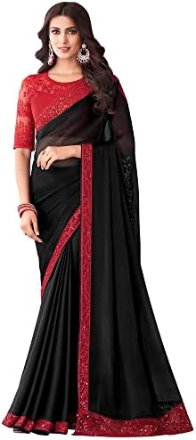 AKHILAM Women's And Girls Embroidery Lace & Sequence Embroidery Banarasi Silk Saree With Unstitched Blouse Piece (Black_SILVER27012_TFH)