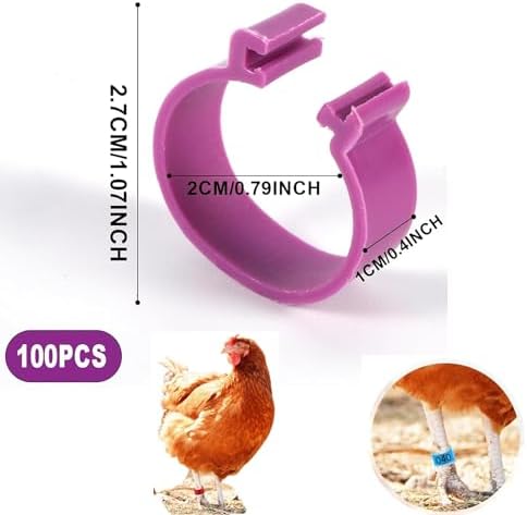 100pcs Rings, 20mm 5 Colors Numbered Chicken Leg Bands, Colorful Poultry Identification Leg Band, Plastic Clip-on Chicken Foot Ankle Ring Tag for Duck Pigeons Guinea Goose Gamefowl Turkey