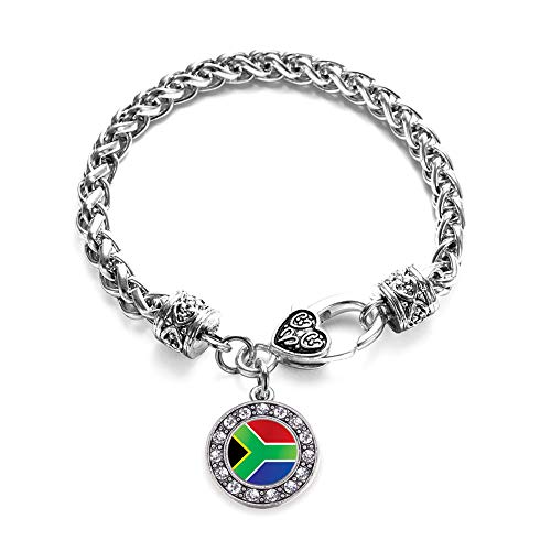 Inspired Silver - South Africa Flag - Silver Braided Bracelet for Women - Circle Charm Bracelet Jewelry Gift with Cubic Zirconia - Women's Charm Bracelet with Lobster Claw Clasp