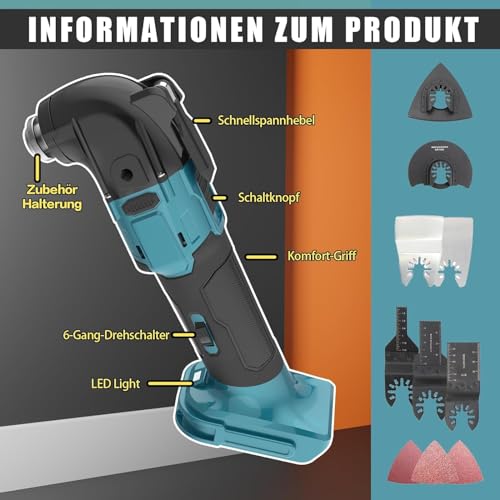 Akku-Multitool,multifunktionswerkzeug Akku für Makita 18V Akku, Werkzeugloser Zubehörwechsel,6 Geschwindigkeitsstufen, Anti-Vibrationsgriff,8500-21000RPM,22 Zubehör(inc 2 3.0Ah akkus) – Bild 3