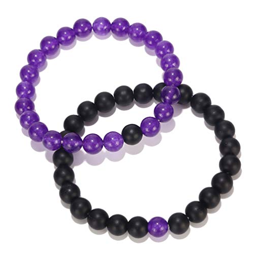 Black Matte & Purple Agate Stone His and Hers Bracelets 8mm Sandstone Couple Bracelet2