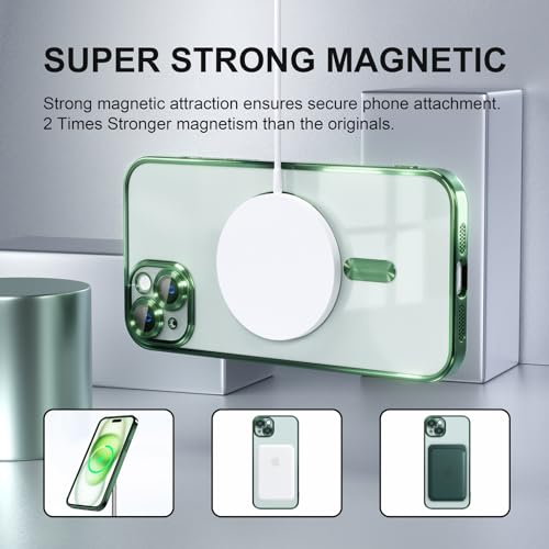 Image of Misea Magnetic for iPhone 15 Case Compatible with MagSafe Green | [Never Yellowing] [Military Drop Protection] Full Camera Lens Protector Plating Soft Clear Phone Case for Women, Green