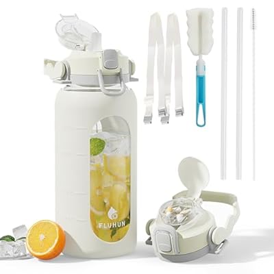 fluhun 64 Oz Glass Water Bottles with Straw Lid...