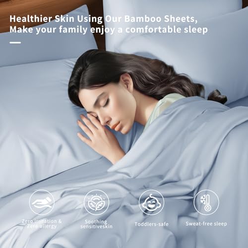 Image of Shilucheng 6 Piece Queen Sheet Sets, Cooling Sheets, Blend Rayon Derived from Bamboo, Deep Pocket Up to 16 inch, Breathable & Soft Bed Sheets, Hotel Silky Bedding Set, Sky Blue