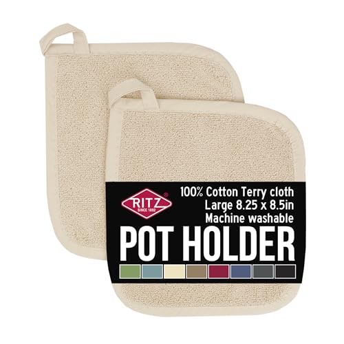 RITZ Terry Potholder & Hot Pad: Unparalleled Heat Resistant, Durable 100% Cotton – Ergonomically Designed for Optimal Grip – Easy-Care Machine Washable – 2-Pack, Latte