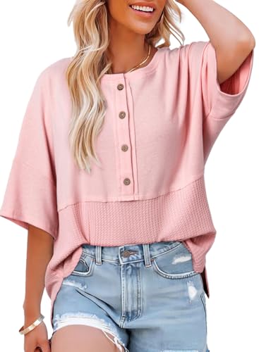 Dokotoo Women Henley Shirts Waffle Knit Tops Plus Size Summer Outfits Crewneck Lightweight Short Sleeve Shirts Button Up Blouse Casual Loose Basic Button Down top Pink X-Large