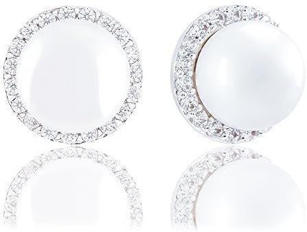 18k Gold Plated Round Simulated Shell Pearl with Cubic Zirconia Halo Stud Earrings (8-8.5 mm)