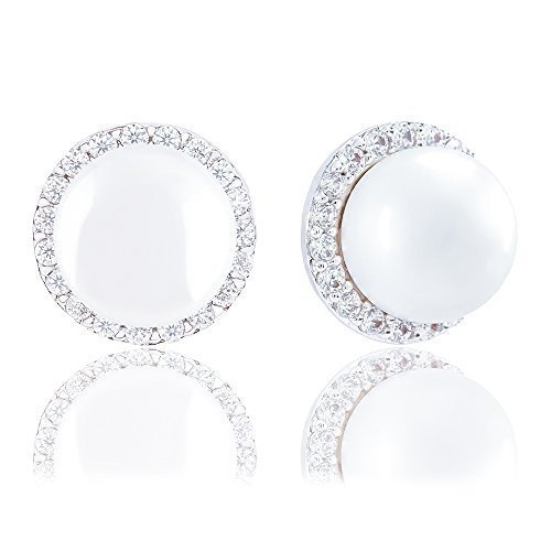 18k Gold Plated Round Simulated Shell Pearl with Cubic Zirconia Halo Stud Earrings (8-8.5 mm)