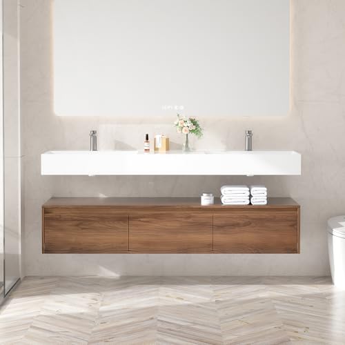 Runave 60 Inch Floating Bathroom Vanity with Double Sink, Modern Wall-Mounted Bathroom Cabinet with Resin Sink & Soft Close Drawers, Split-Level Layout (Walnut, 60" Double Sink)