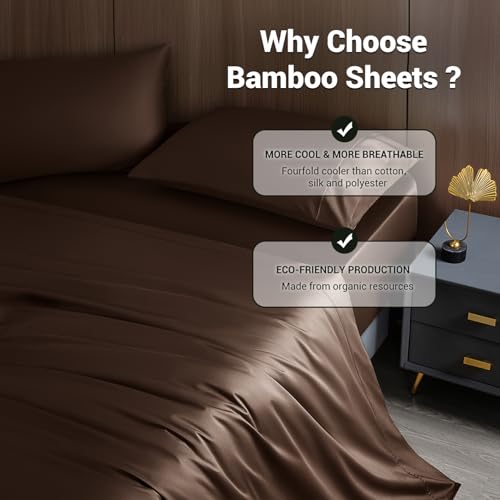 Image of Shilucheng 4 Piece King Sheet Sets, Cooling Sheets, Blend Rayon Derived from Bamboo, Deep Pocket Up to 16 inch, Breathable & Soft Bed Sheets, Hotel Silky Bedding Set, Brown