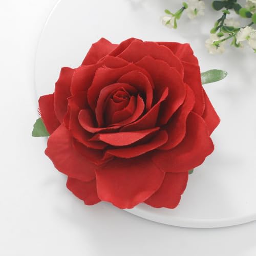 Image of 3.9 Inches Dark Red Rose Hair Clip Flower Brooches for Women | Elegant Design Valentines Flower Hair Pins for Women | Charming Lapel Brooch Pin Red Flowers Accessories | Valentines Day Gifts for Her
