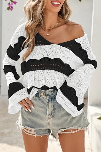 Image of Cakulo Womens Summer Crochet Tops Boho Off Shoulder Sweaters Lightweight V Neck Loose Vacation Resort Wear 2026