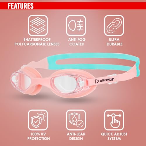 Image of AIRAVAT Hydro 1027 Swimming Goggles, Adjustable Pool Goggles For Adult, Youth, Boys & Girls, Optic Quality Poly carbonate Lenses, 100% UV Protection Anti-fog Coated, Ultra Durable (Pink)