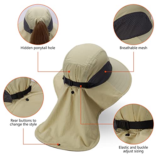 Image of BASSDASH UPF 50+ Unisex Water Resistant Wide Brim Sun Hat with Large Neck Flap Ponytail Fishing Hat for Men Women