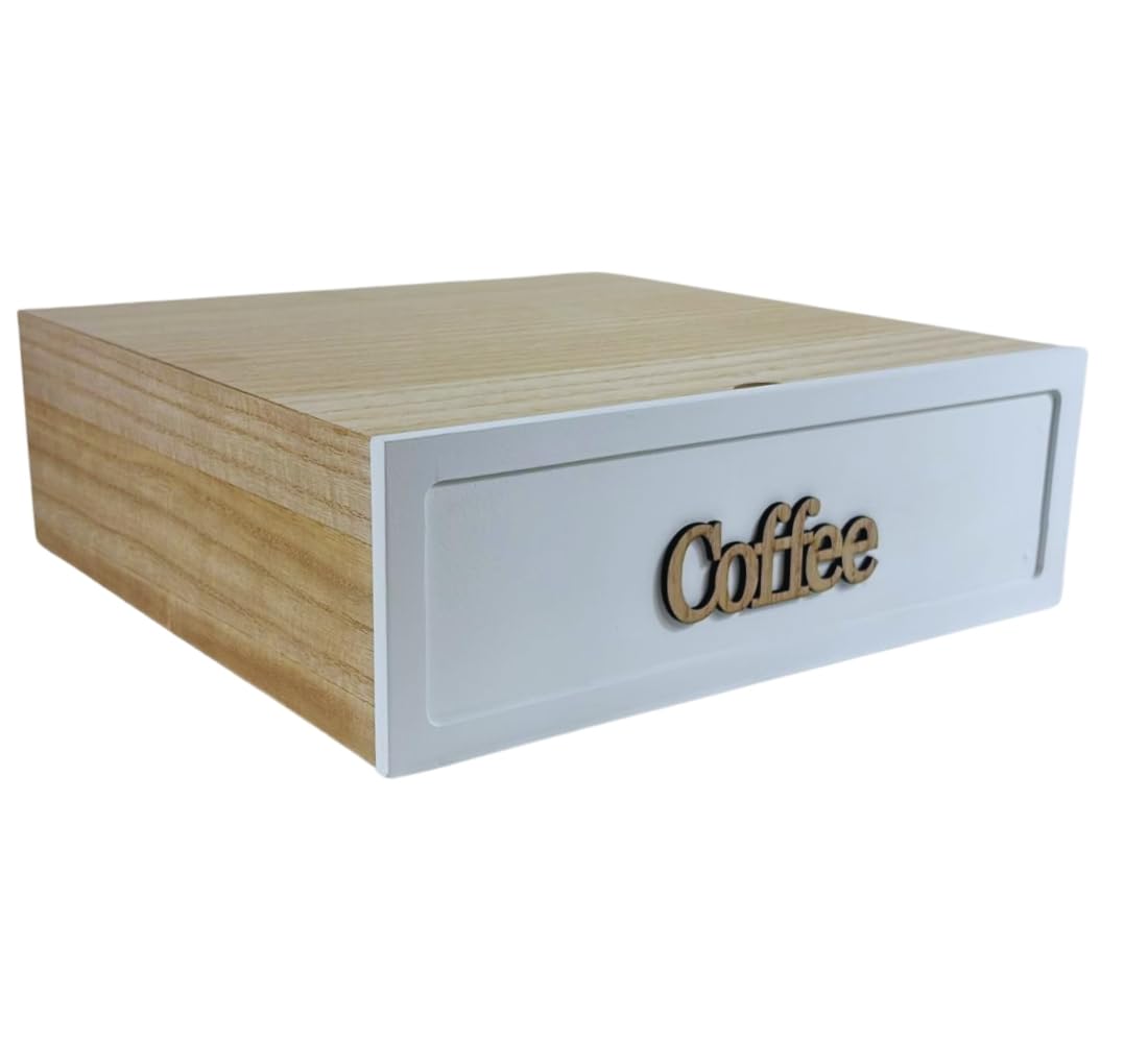 Cassetto in Legno Portacapsule - Cialde, Caffe, Zucchero, Organizer per Ufficio Casa - Contenitore in Legno 3 Scomparti per Cialde Capsule Caffe, 30 x 30 x 10 cm