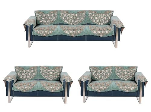 Image of Premium Chenille Woven Anti-Slip 7 Seater Sofa Cover with Arm Rest | L-Shape Sofa Seat Protector for Living Room | Durable & Stylish Slipcover - Teal Phoolkari