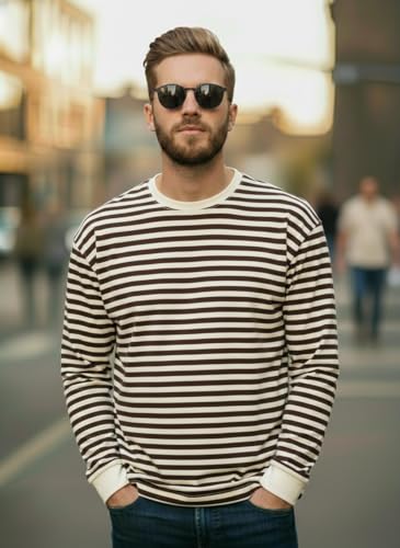 Image of Mack Jonney Men's Black Cotton Full Sleeve T-Shirt | Soft Breathable Casual Wear | Stylish Striped Round Neck Tshirt-JMAK-107