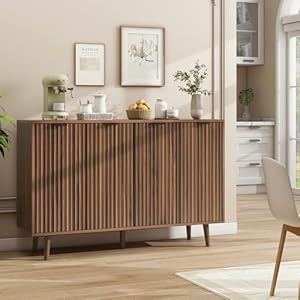 LYNCOHOME Fluted Sideboard Buffet Cabinet with Storage Storage Cabinet with 4 Decorated DoorsWood Coffee Bar Cabinet with Solid Wood Feet for Kitchen Dining Room Hallway Rustic Brown