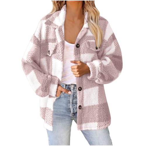 Women Fall Winter Coats Lapel Neck Plaid Fuzzy Fleece Fashion Button Down Shirt Coat Plus Size Casual Sherpa Jacket2
