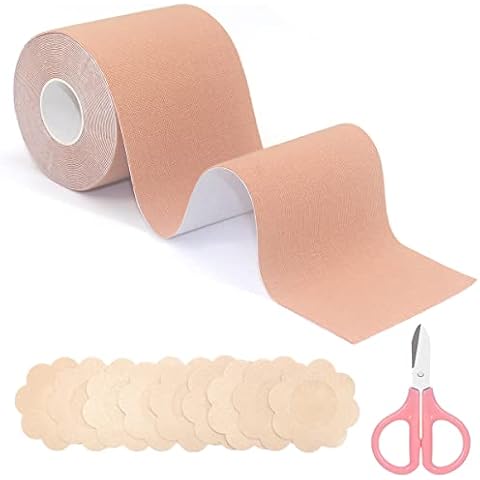 Boob Tape for Larger Breasts,5M Long Adhesive Bra Chest Supports Tape, Invisible and Breathable Chest Strap Elastic Body Tape,Clothing Tape with Nipple Covers for Dresses and Prom Wear (7.5cm*5m) Cover