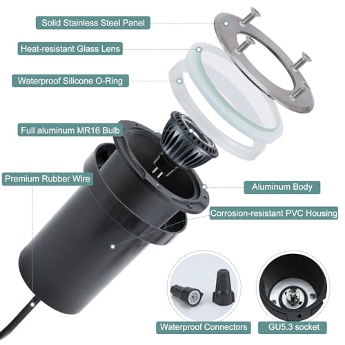 Gardencoin Low Voltage Landscape LED Well Lights, 12V in Ground Lights Outdoor IP67 Waterproof, 5" Tall Wired Landscape Up Lighting, Included Replaceable 5W 2700K MR16 Bulb Dimmable, 12 Pack by Gardencoin - Image 3