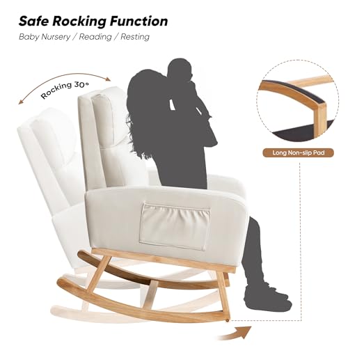 Rocking Chair Nursery, Leather Nursing Rocking Chairs, Upholstered Nursery Glider Rocker for Mom Nursery Morden Rocking Chair with Side Pocket for Living Room,Bedroom, PU Beige