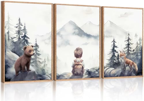 3Pcs Boy Adventure Nursery Wall Art Woodland Animals Bear & Fox Wall Decor Picture Watercolor Mountain Kids Canvas Posters Prints for Classroom Baby Room Decoration Unframed (12x16 Poster)