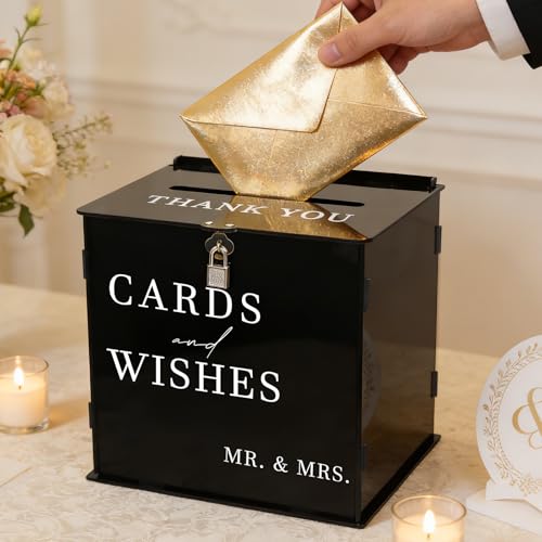 Image of Black Acrylic Card Box with Slot & Lock, DIY Large Wedding Card Boxes for Reception, Elegant Money Envelop Gift Cards Box for Party Wedding Birthday Baby Shower Graduation Table Decor