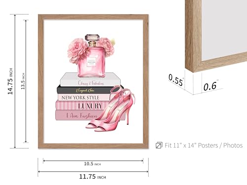 Image of Poster Master Fashion Print - Pink Designer Poster - Shoes & Perfume Art - Chic Gift for Her & Fashionista - Luxury Haute Couture Decor for Bedroom or Girl's Room - 11x14 Beige Framed