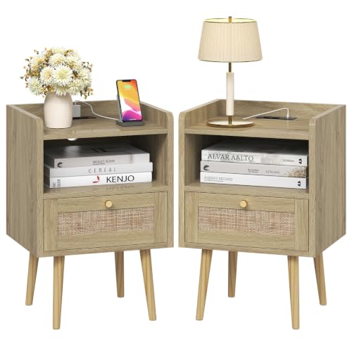 MECHYIN Night Stand Set 2, Nightstands Set of 2 with Charging Station, Rattan Side Tables with Solid...