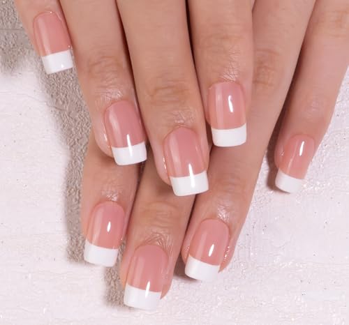 CurvLife Medium Square French Tip Press On Nails, Classic Edge, Soft Gel