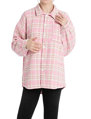 Tikwek Women's Casual Jacket Button Down Blouse Loose Fit Long Sleeve Tops Plaid Jacket With Pockets(Pink Xs) #TOP14