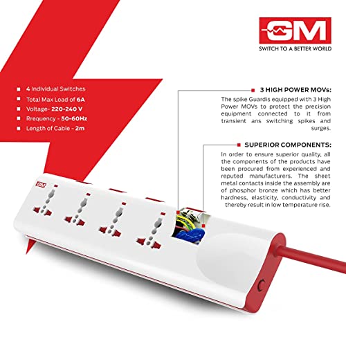 Image of GM 3061 E-Book 4+4 Power Strip with Spike Guard & Surge Protector, 4 Individual Power Switch 6 AMP Output, Safety Shutter, 4 International Sockets Board, 2 Meter Cord Length, 1 Year Warranty Pack of 2