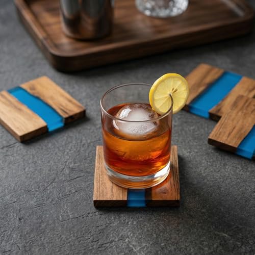 Image of Coaster Set of 4 for Dining Table - Premium Wooden Coasters with Blue River Resin Design - Tea, Coffee & Glass Drink Coasters - Luxury Table Coasters for Office Desk, Kitchen & Home Decor