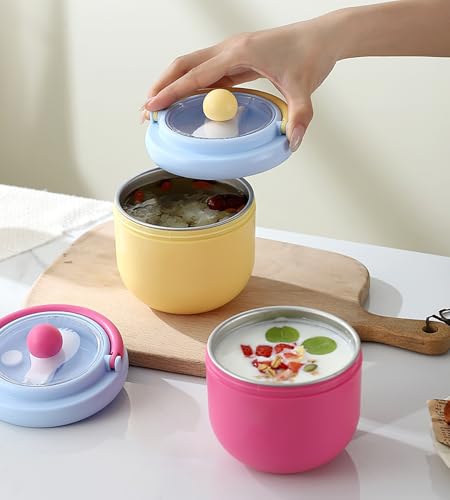 Image of House of Quirk Portable Soup Cup & Porridge Jar, 304 Stainless Steel Breakfast Cup with Lid & Spoon - Insulated Oatmeal, Milk & Food Container for Students & Travel (Purple /Pink)