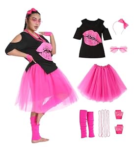 Seawhisper 80er 90er Jahre Outfit Damen Große Größen Neon Party Outfit Bad Taste Kleidung Faschingskostüme Übergröße Karnevalskostüme Rosa 46-48