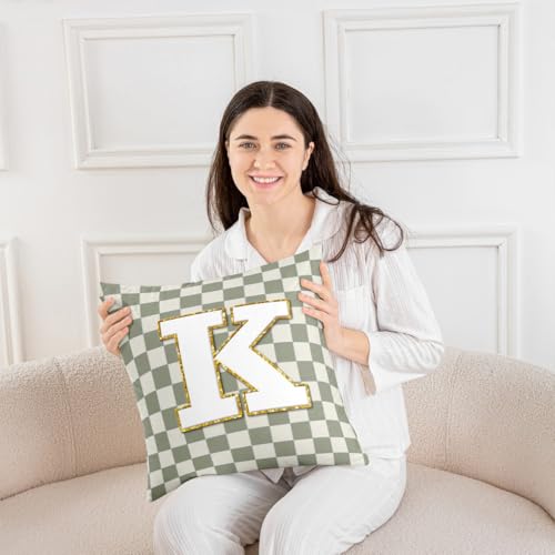 Image of Erosebridal Sage Green Checkered Throw Pillow Covers 22x22 Set of 2 Plaid Initial K Cushion Cover Personalized Monogram Throw Pillow Case for Bed Couch Sofa Fashion Grids Gingham Home Decor