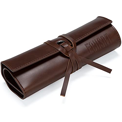Echsrt Leather Pencil Case Roll Up Bag Pencil Pouch Wrap Foldable Tool Roll Supplies Art Stuff Organizer Vintage Gift For Office Artist Adults, Brown #TOP2